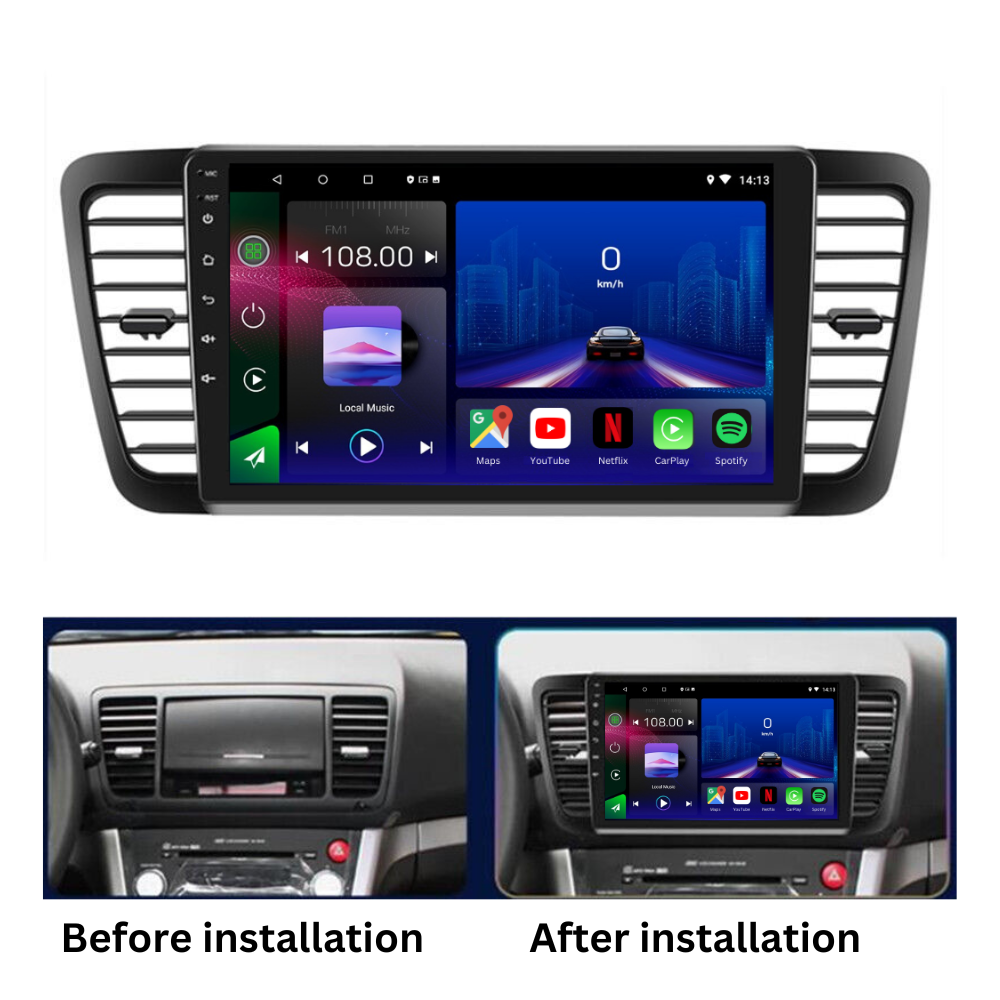 Movyro Android 15 autoradio for Subaru Outback Legacy Liberty 2004-2009, featuring Apple CarPlay and Android Auto integration.