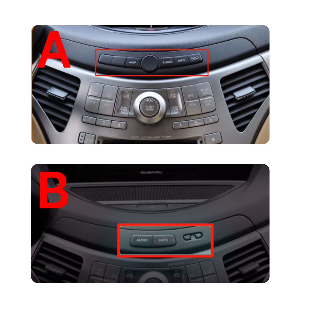 Movyro Android 15 autoradio installed in Subaru Tribeca (2007-2011) with Apple CarPlay and Android Auto compatibility.