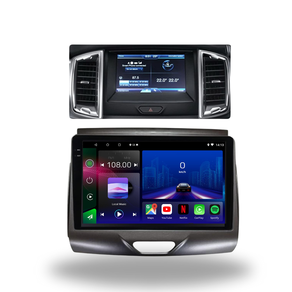 Autoradio Movyro pour Ford Ranger 2015-2020 avec Android Auto et Apple CarPlay, affichage de l'écran et contrôles.