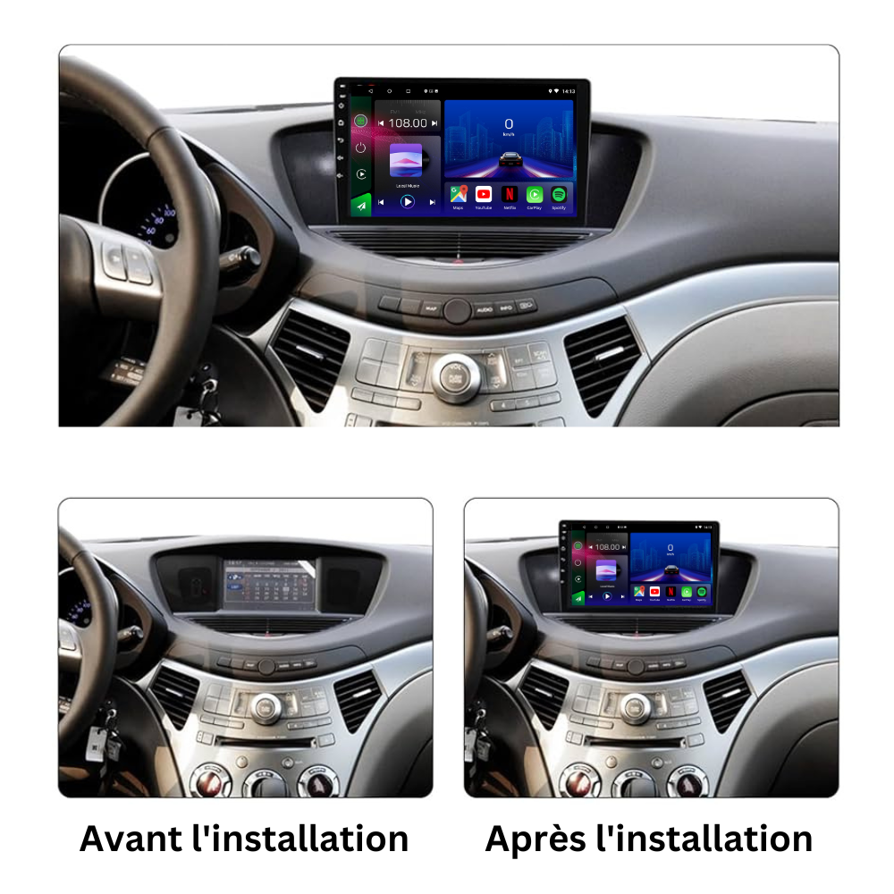 Movyro Android 15 autoradio installed in a Subaru Tribeca 2007-2014 with Apple CarPlay and Android Auto features.