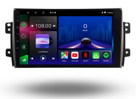Movyro Android 15 autoradio installed in a Suzuki SX4 (2006-2015) with Apple CarPlay and Android Auto connectivity.