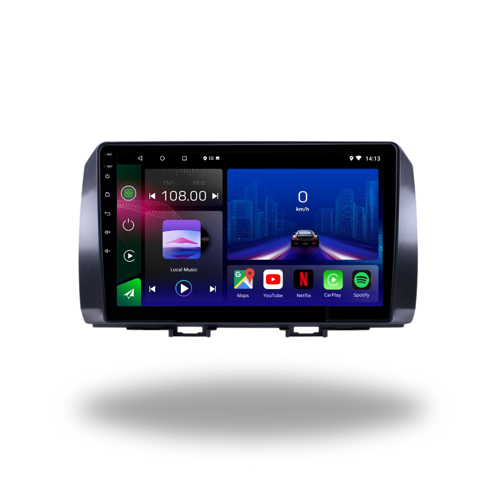 Movyro Android 15 autoradio installed in Toyota BB, Subaru Dex, Daihatsu Coo, and Materia with Apple CarPlay and Android Auto features.