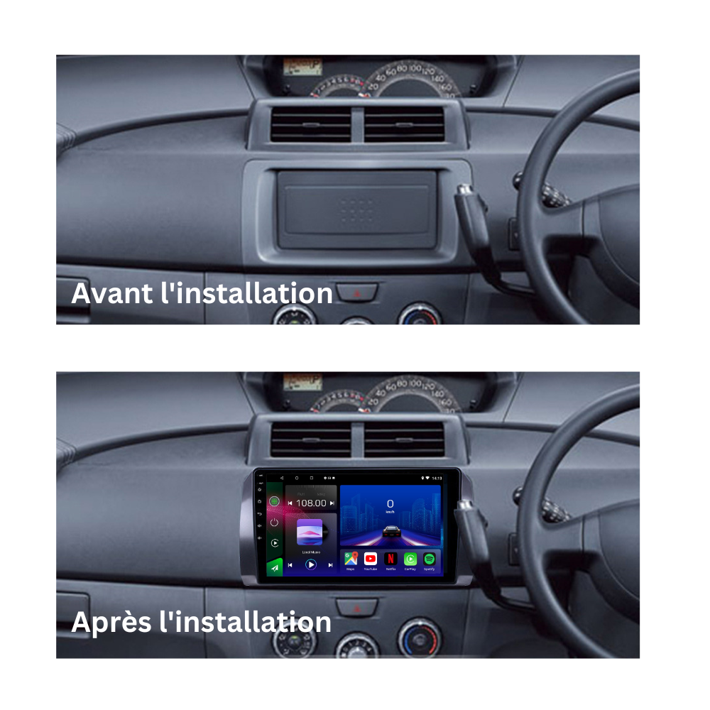 Movyro Android 15 autoradio installed in Toyota BB, Subaru Dex, Daihatsu Coo, Materia with Apple CarPlay and Android Auto features