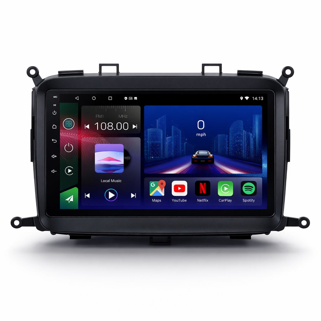 Movyro Kia Carens 2013-2018 car stereo head unit with Android Auto and CarPlay, featuring a touchscreen display and modern interface.