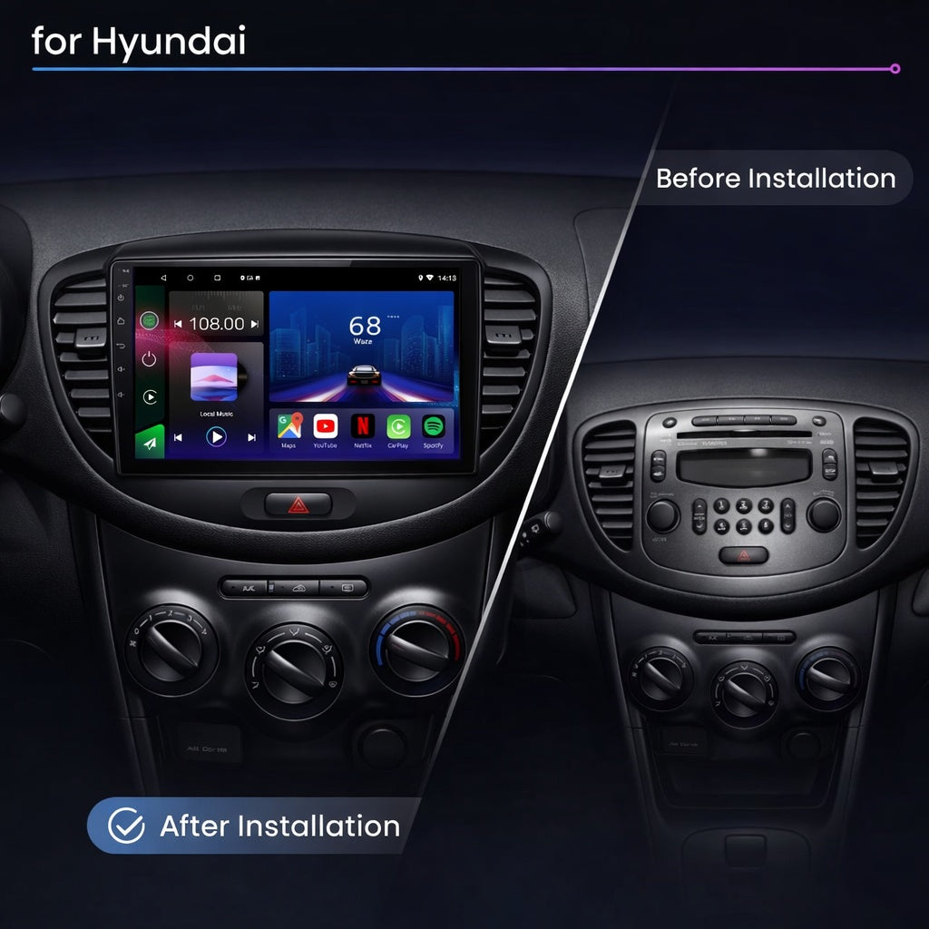 Autoradio Hyundai i10 2007-2013 Movyro avec écran tactile Android 15, compatible CarPlay et Android Auto, intérieur du véhicule.