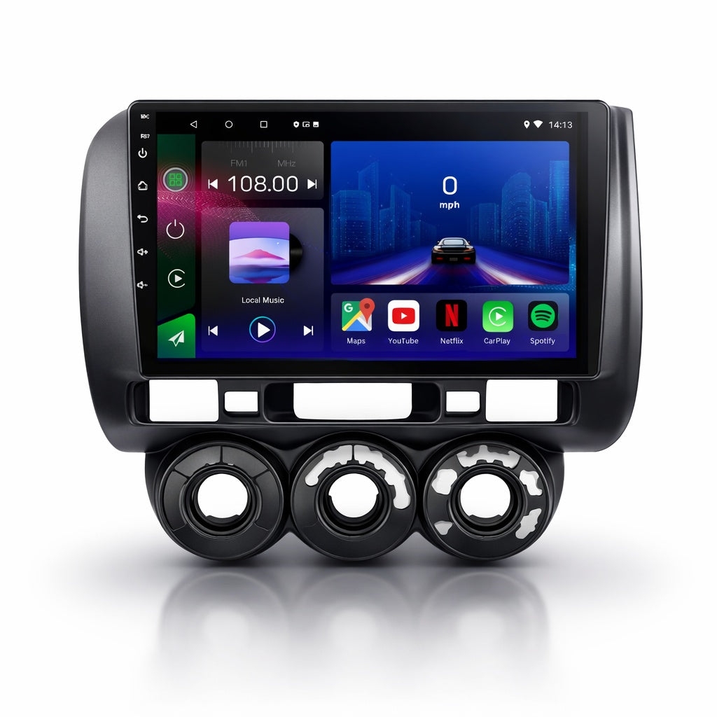 Autoradio Movyro pour Honda Jazz et Fit 2002-2007 avec écran Android 15, CarPlay et Android Auto, affichage clair et moderne.