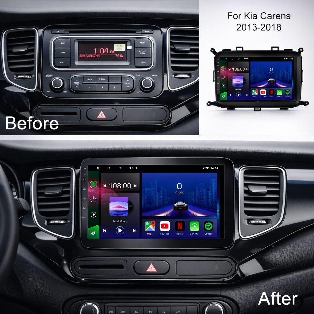 Movyro Kia Carens 2013-2018 Android 15 car stereo head unit with CarPlay and Android Auto, featuring a sleek touchscreen display.