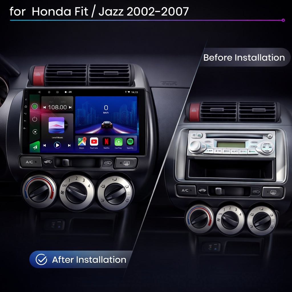 Autoradio Car Stereo Movyro pour Honda Jazz et Fit 2002-2007 avec écran Android 15, CarPlay et Android Auto, visible sur l'écran.