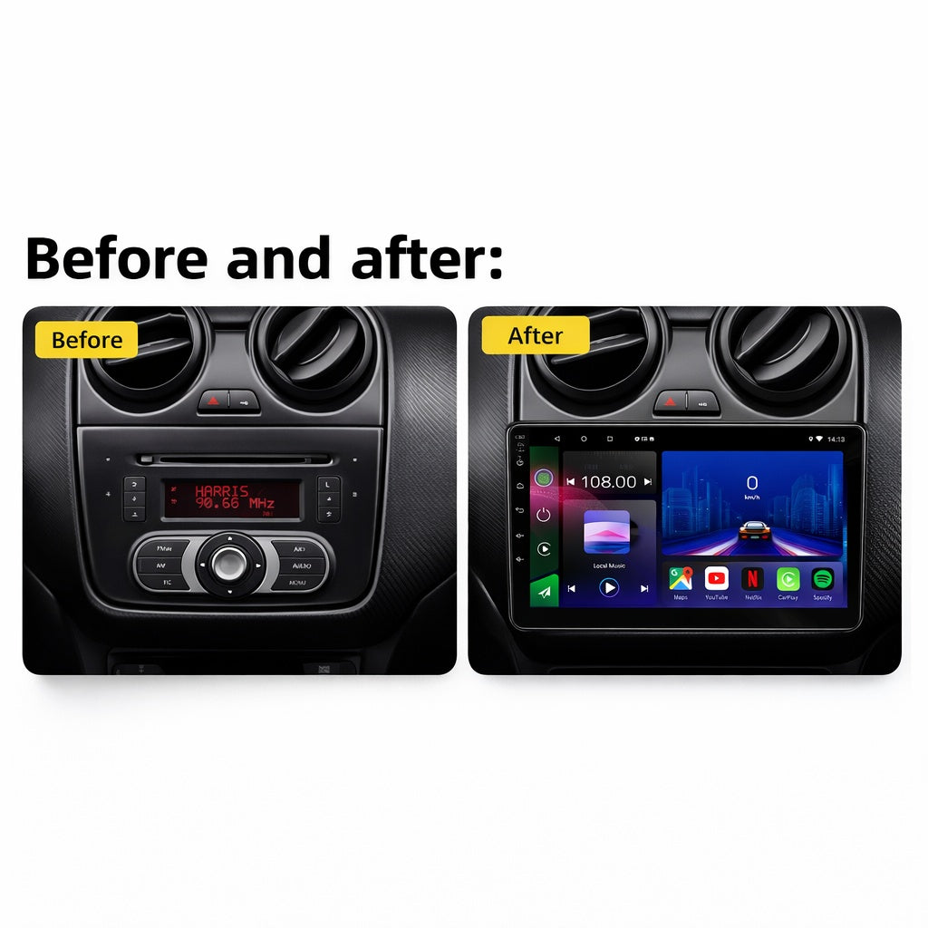 Écran de stéréo voiture Movyro Alfa Romeo MiTo 2008-2016 avec Apple CarPlay et Android Auto, affichage haute résolution.