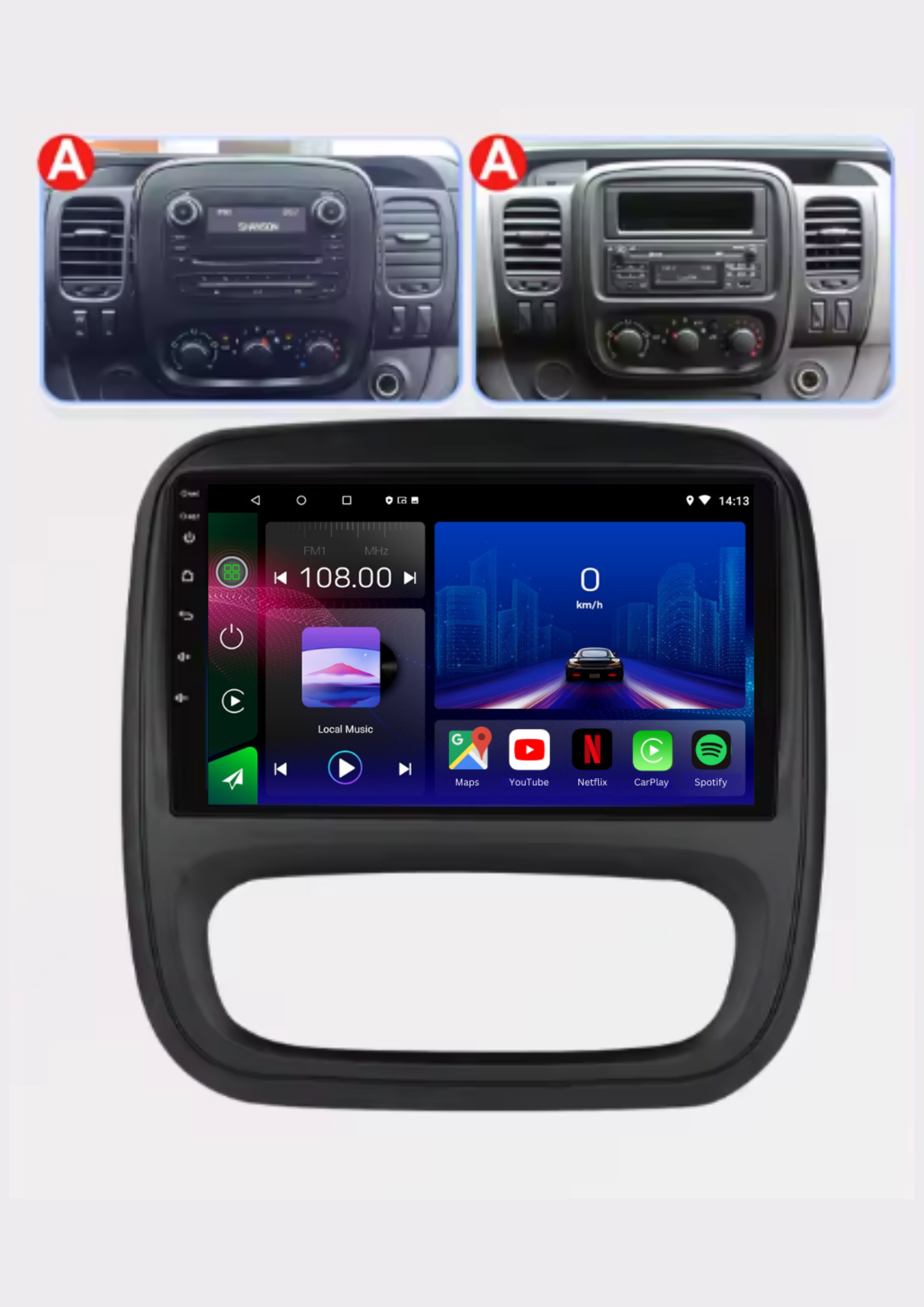 Autoradio Movyro pour Opel Vivaro et Renault Traffic 2014-2021 avec Android 15, Apple CarPlay et Android Auto, écran tactile.