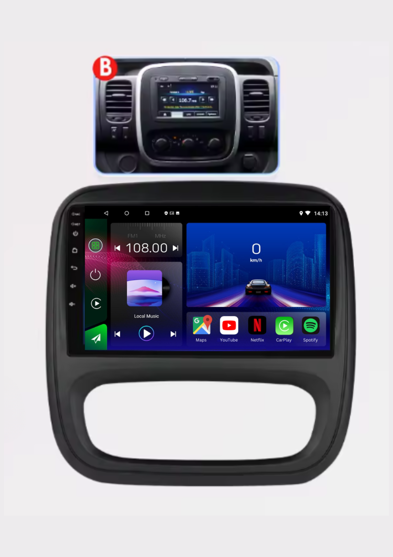 Autoradio Movyro pour Opel Vivaro et Renault Traffic 2014-2021 avec Android 15, Apple CarPlay et Android Auto, affichage frontal.