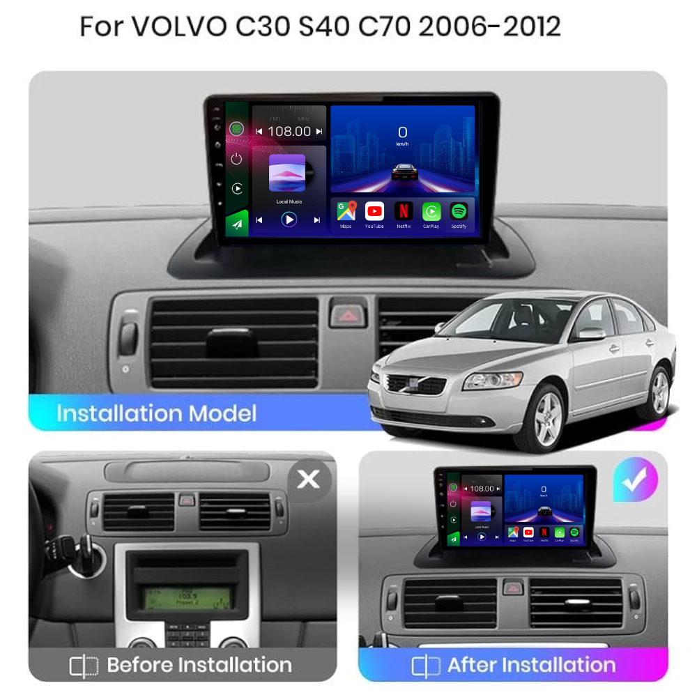 Movyro Android 15 autoradio for Volvo S40, V50, C30, C70 (2004-2012) with Apple CarPlay and Android Auto display screen.
