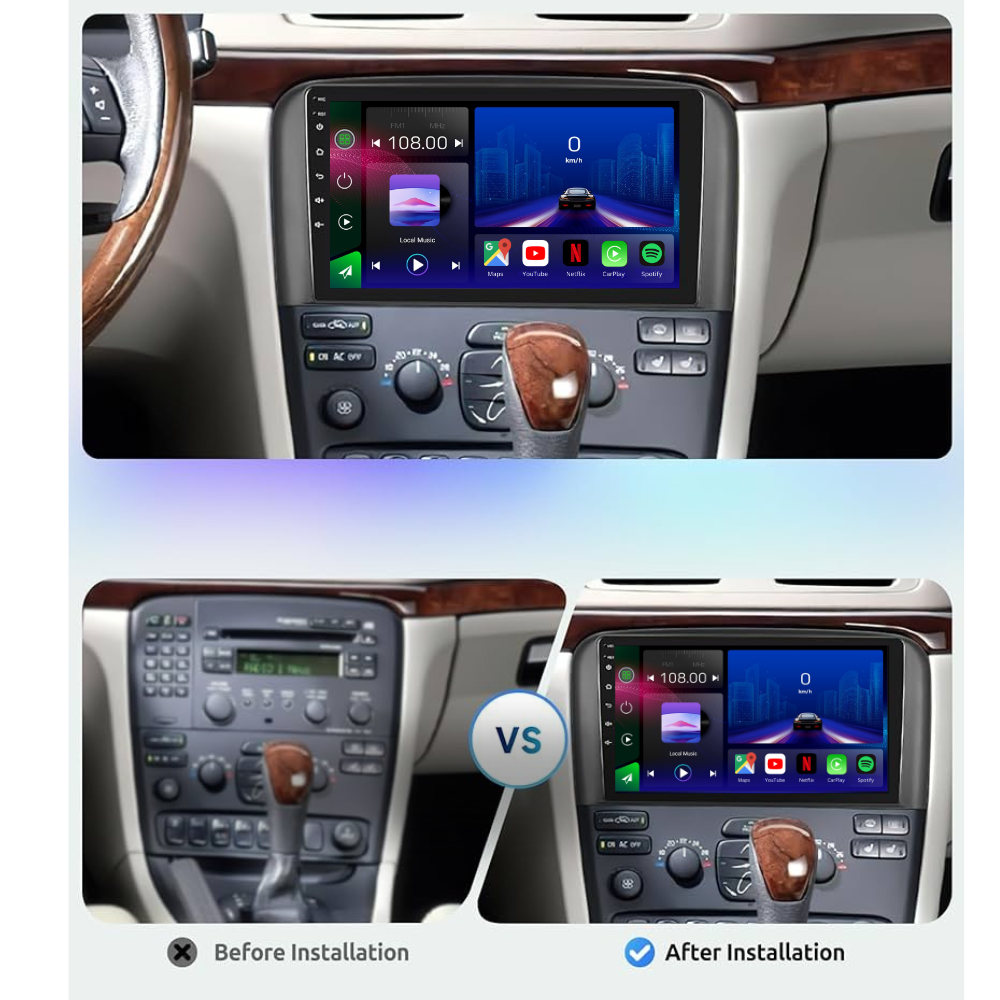 Autoradio Movyro pour Volvo S80 (2001-2006) avec Android 15, Apple CarPlay et Android Auto, écran tactile moderne.