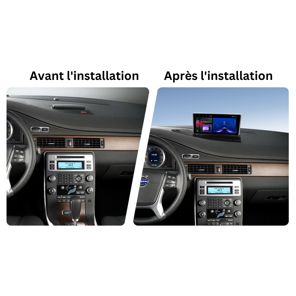 Movyro Android 15 autoradio for Volvo S80 (2007-2011) with Apple CarPlay and Android Auto displayed on the car's dashboard screen.