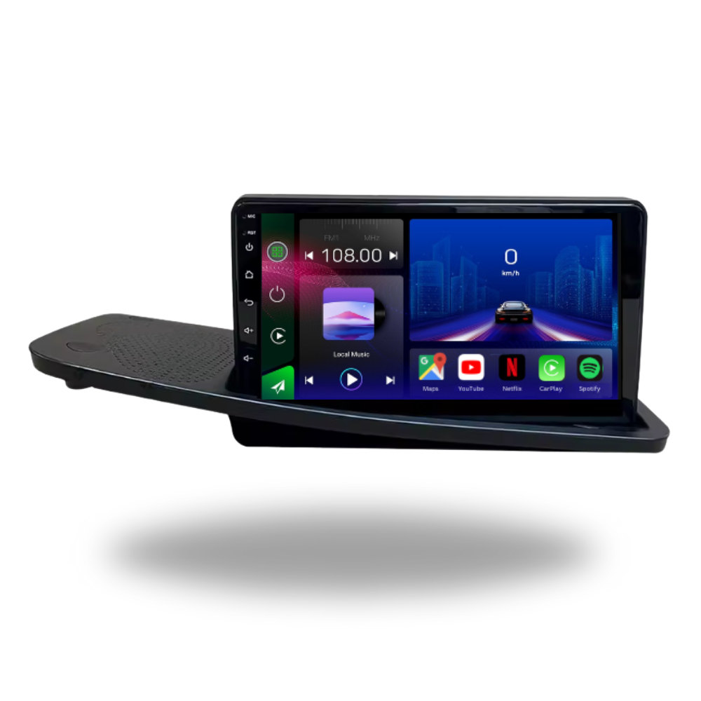 Movyro Volvo S80 2007-2011 autoradio with Android 15, Apple CarPlay, and Android Auto interface in a dashboard view.