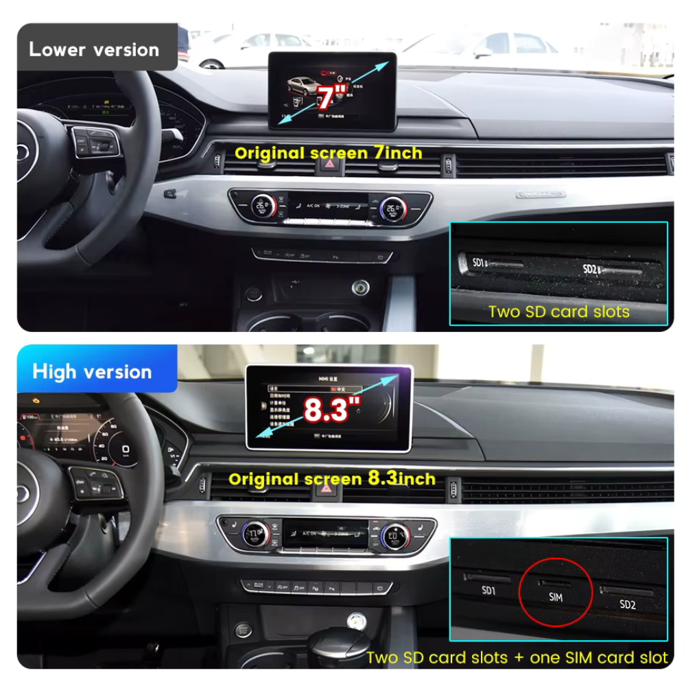 Autoradio CarPlay Android Auto Movyro pour Audi A4 A5 B9 2015-2023, écran tactile avec interface moderne.