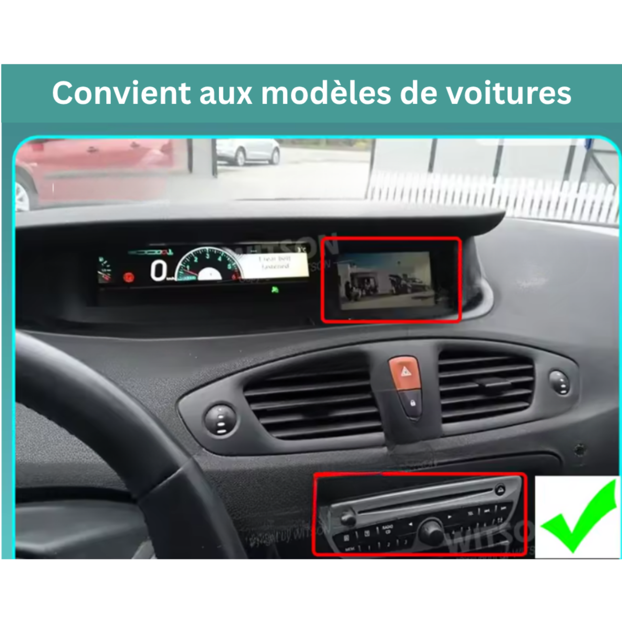 Autoradio Movyro Renault Scenic 3 2009-2016 avec Android 15, Apple CarPlay et Android Auto, écran tactile moderne.