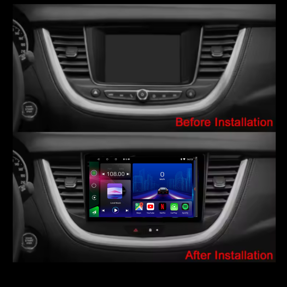 Movyro Opel Grandland X Crossland X 2016-2020 autoradio with Android 15, Apple CarPlay, and Android Auto interface.