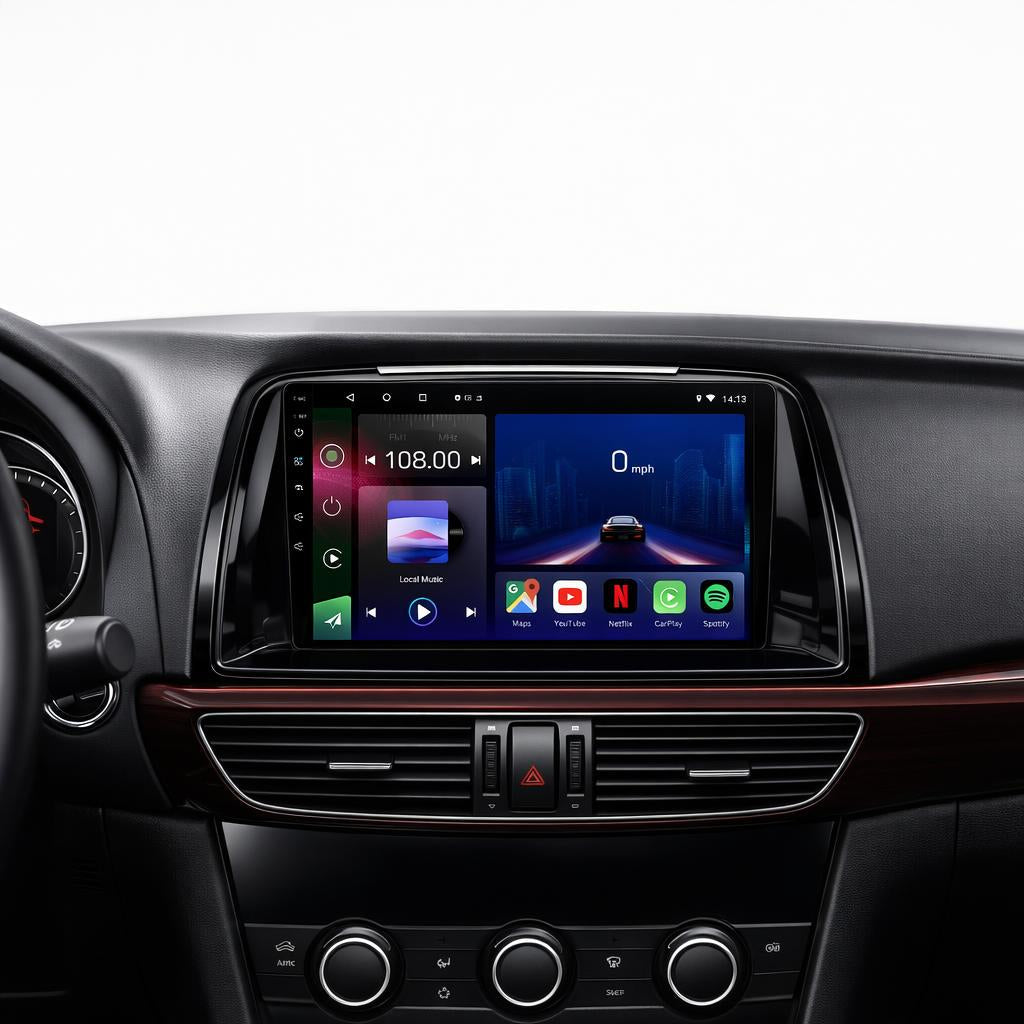 Movyro Mazda 6 2012-2015 car stereo head unit with Android 14, CarPlay, Android Auto, 2GB RAM, 32GB ROM, quad-core processor.