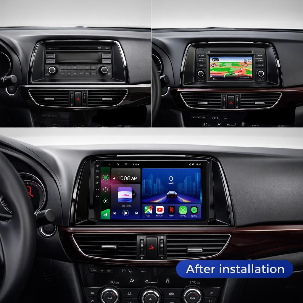Movyro Mazda 6 2012-2015 Android 15 car stereo head unit with CarPlay, Android Auto, 2GB RAM, 32GB ROM, quad-core processor.