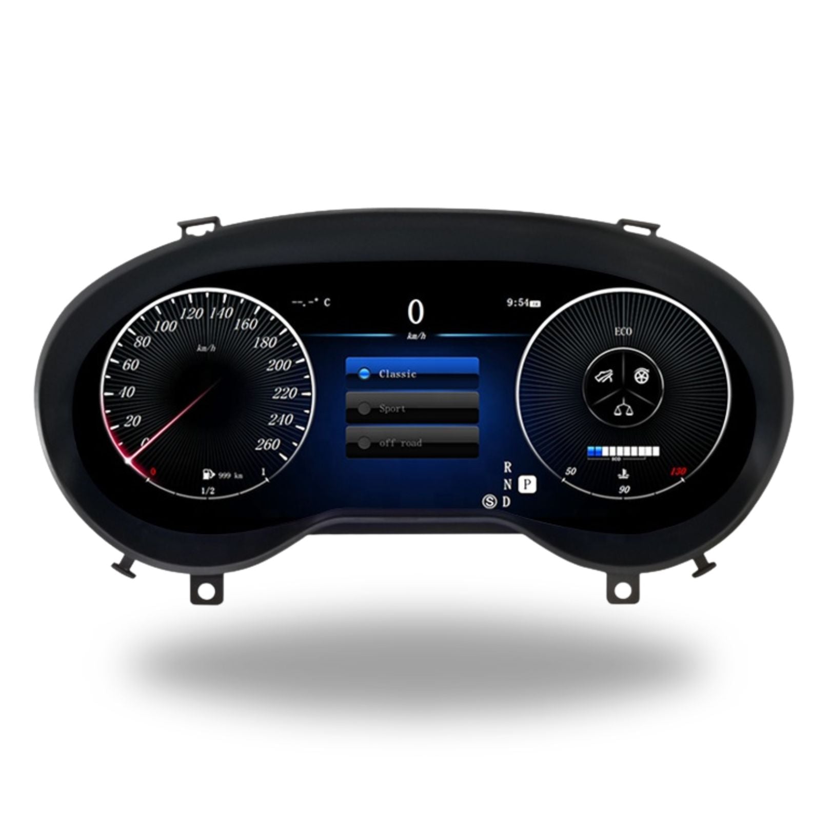 Digital LCD instrument cluster for Mercedes-Benz A-Class, CLA, GLA by Movyro, showing a modern dashboard with Linux system.