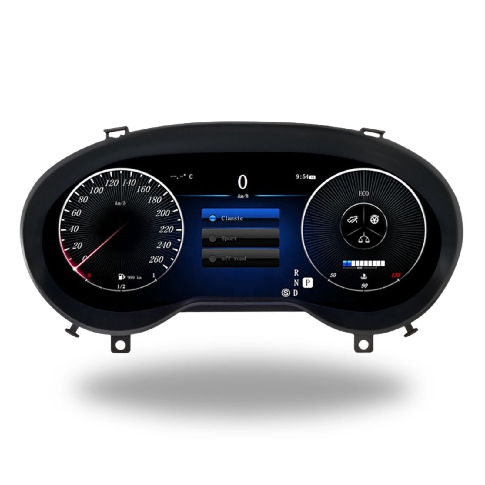 Digital LCD instrument cluster for Mercedes-Benz A-Class, CLA, GLA by Movyro, showing a modern dashboard with Linux system.
