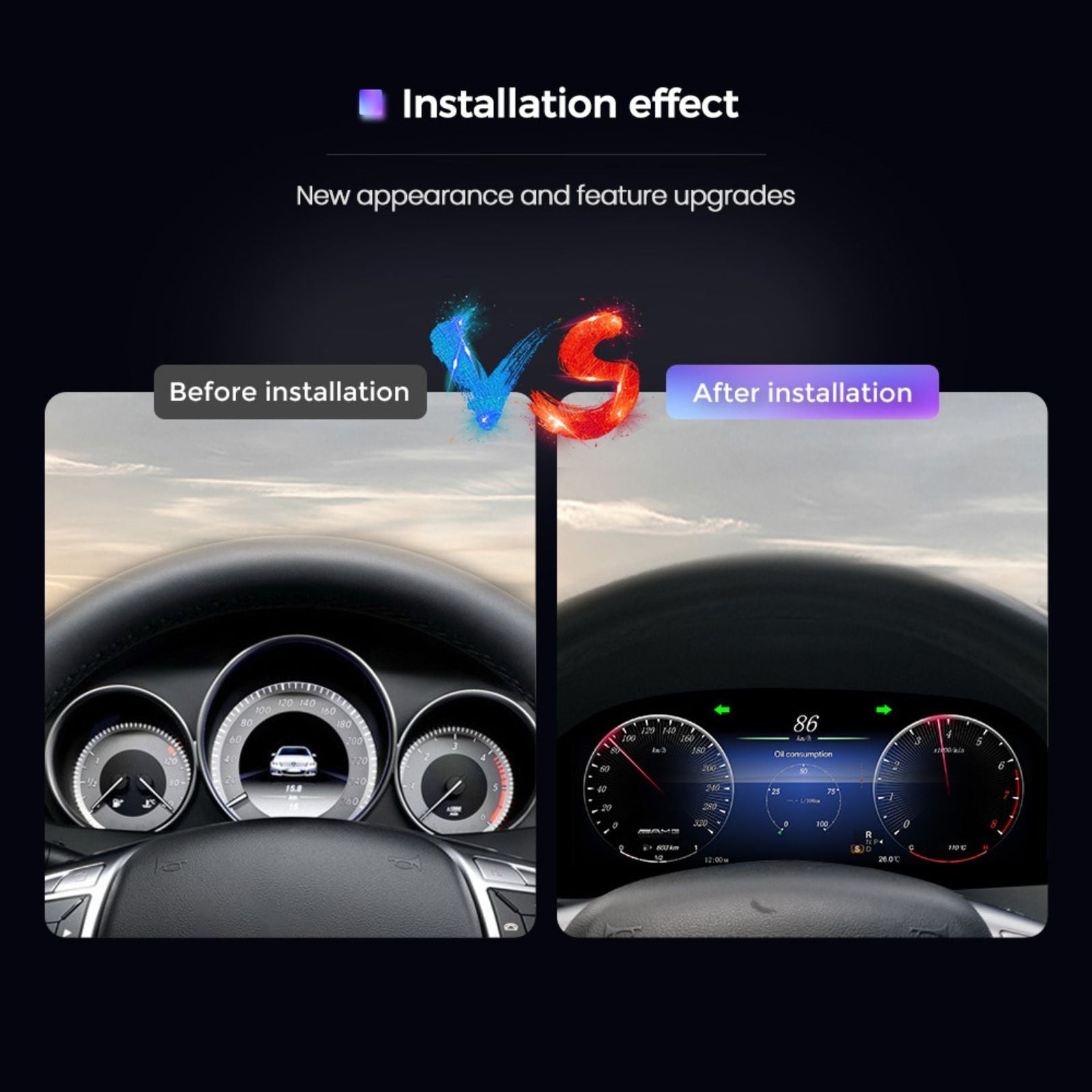 Digital LCD dashboard cluster for Mercedes-Benz A, CLA, GLA by Movyro, showing digital instrument display and Linux system interface.