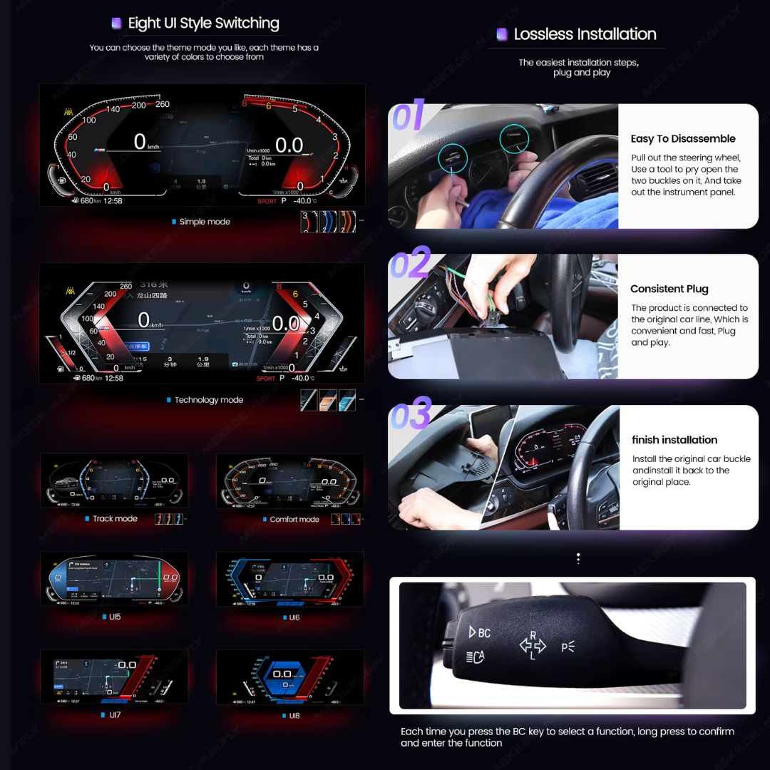 BMW F-Series, 1 & 2 Series, X1, X2 digital instrument cluster by Movyro with LCD screen and CarPlay connectivity.