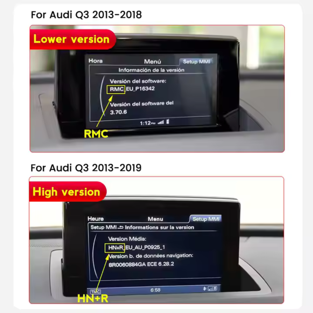 Movyro Audi Q3 RSQ3 2013-2019 car stereo with Android Auto and CarPlay, touchscreen display for seamless in-car entertainment.