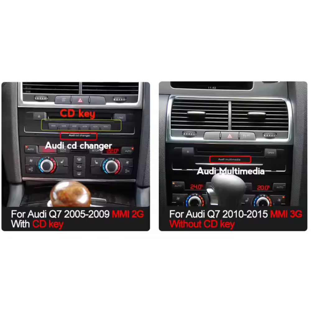 Autoradio CarPlay et Android Auto Movyro pour Audi Q7 2006-2015, écran tactile avec interface moderne et fonctionnalités connectées.