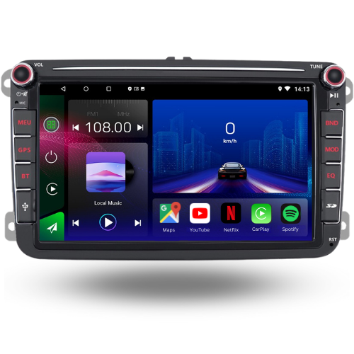 Autoradio Movyro Android 15 avec écran 8 pouces pour Volkswagen, Seat, Skoda, Apple CarPlay et Android Auto visible dans la voiture.
