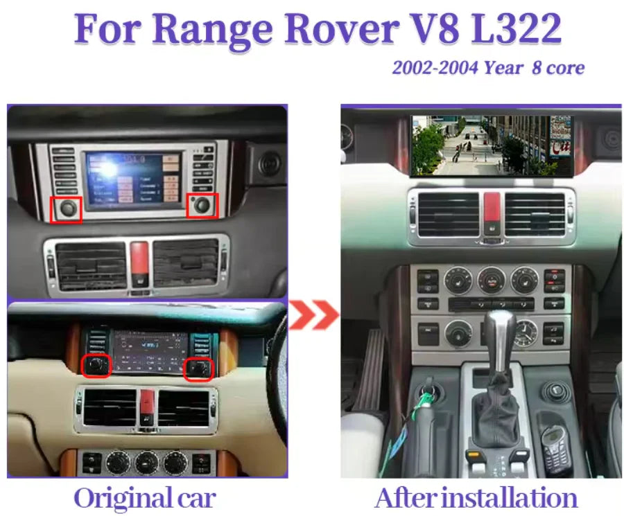 Autoradio Movyro Android 15 pour Range Rover L322 2002-2012 avec Apple CarPlay et Android Auto, sans climatisation numérique.