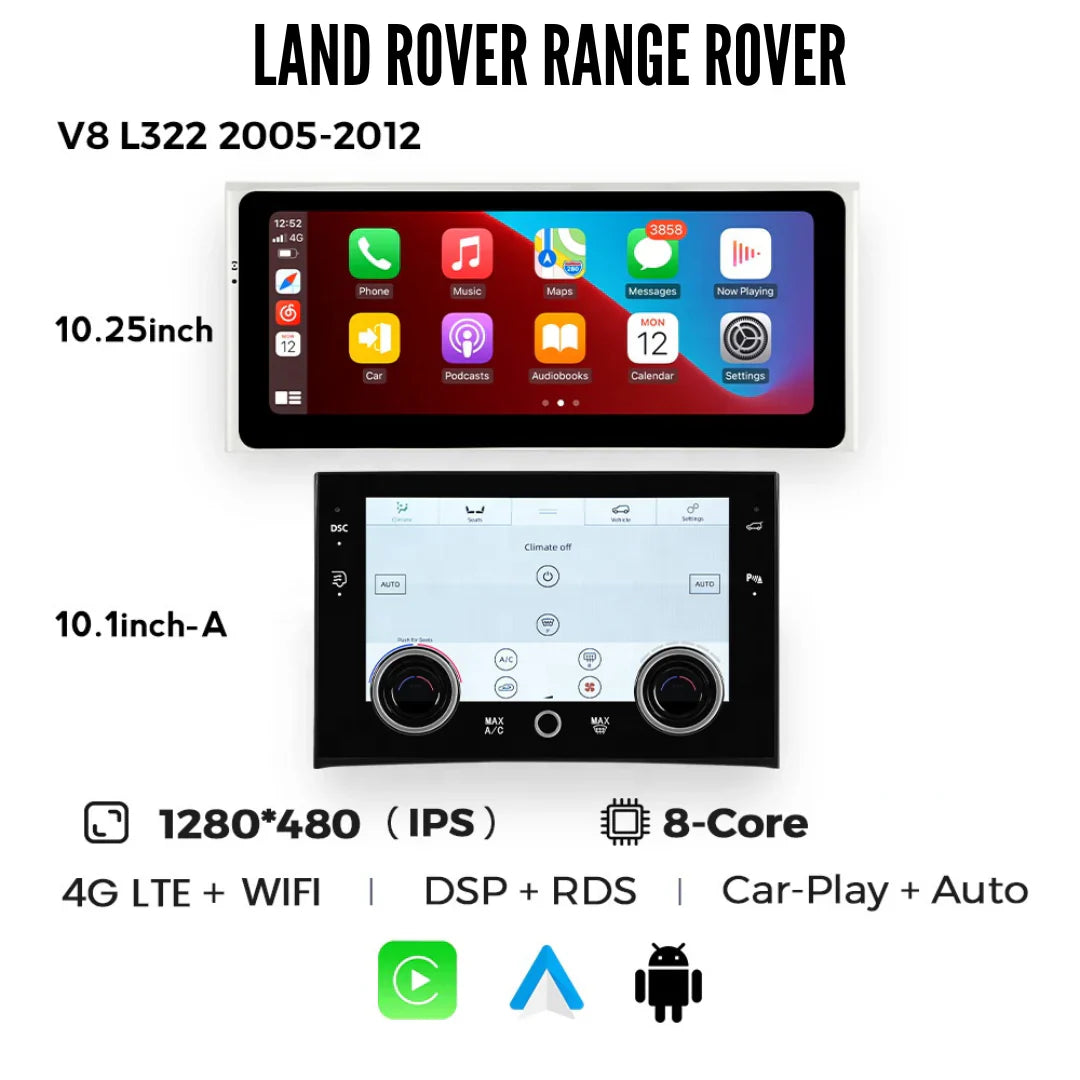 Autoradio Android Movyro pour Range Rover L322 2002-2012 avec Apple CarPlay, Android Auto, écran tactile, sans climatisation numérique.