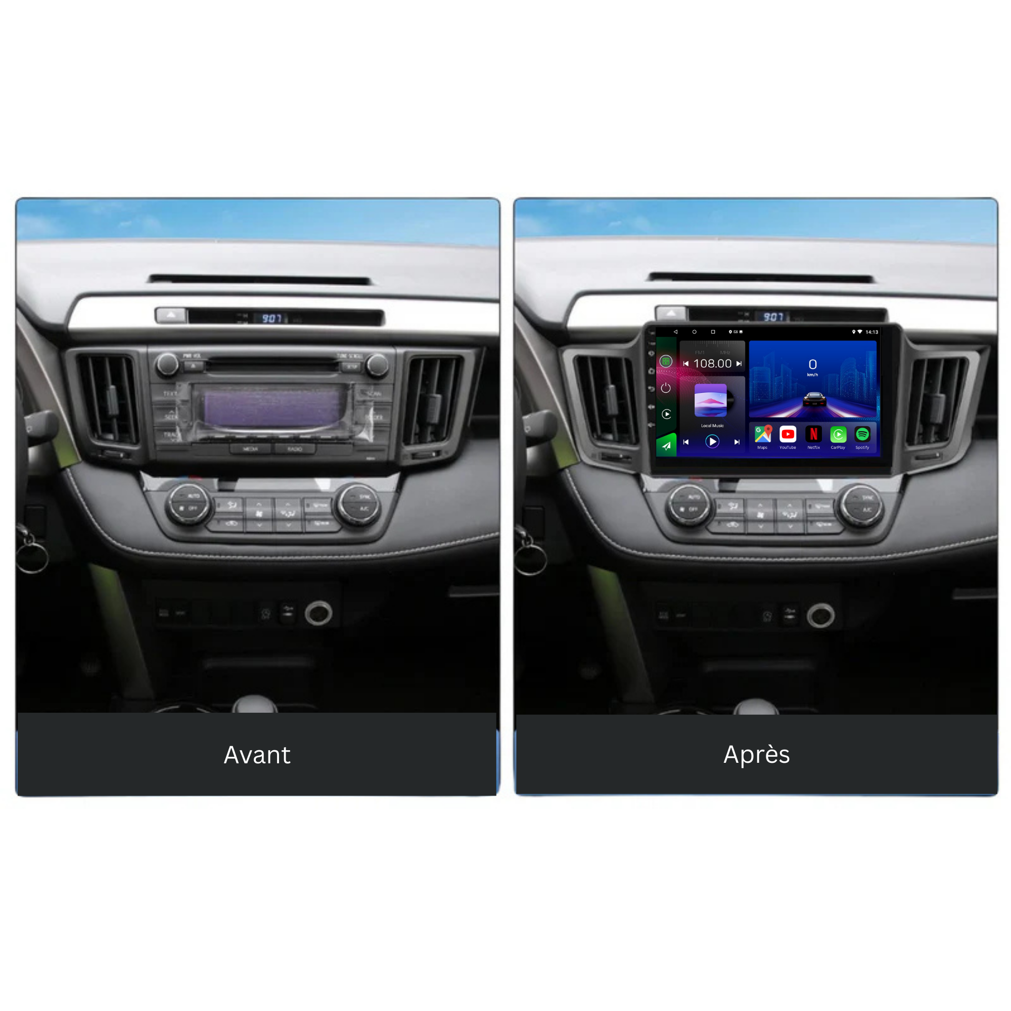 Movyro Toyota RAV4 2013-2018 Android 15 autoradio with Apple CarPlay and Android Auto, featuring touchscreen display and modern multimedia controls.