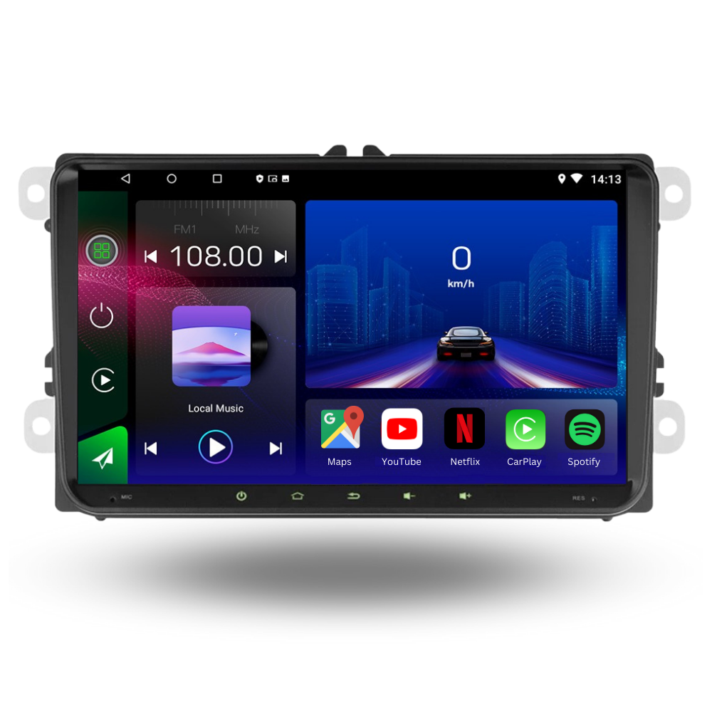 Autoradio Movyro Android 13 9 pouces pour Volkswagen, Seat et Skoda, compatible Apple CarPlay et Android Auto, écran tactile.