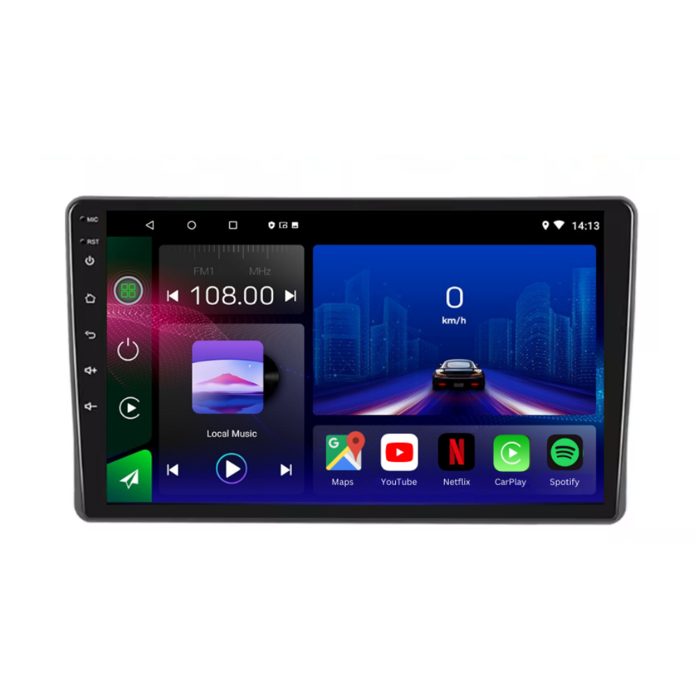 Autoradio Movyro pour Fiat Panda 2003-2012, Android 15, avec Apple CarPlay et Android Auto, écran tactile et fonctionnalités connectées.