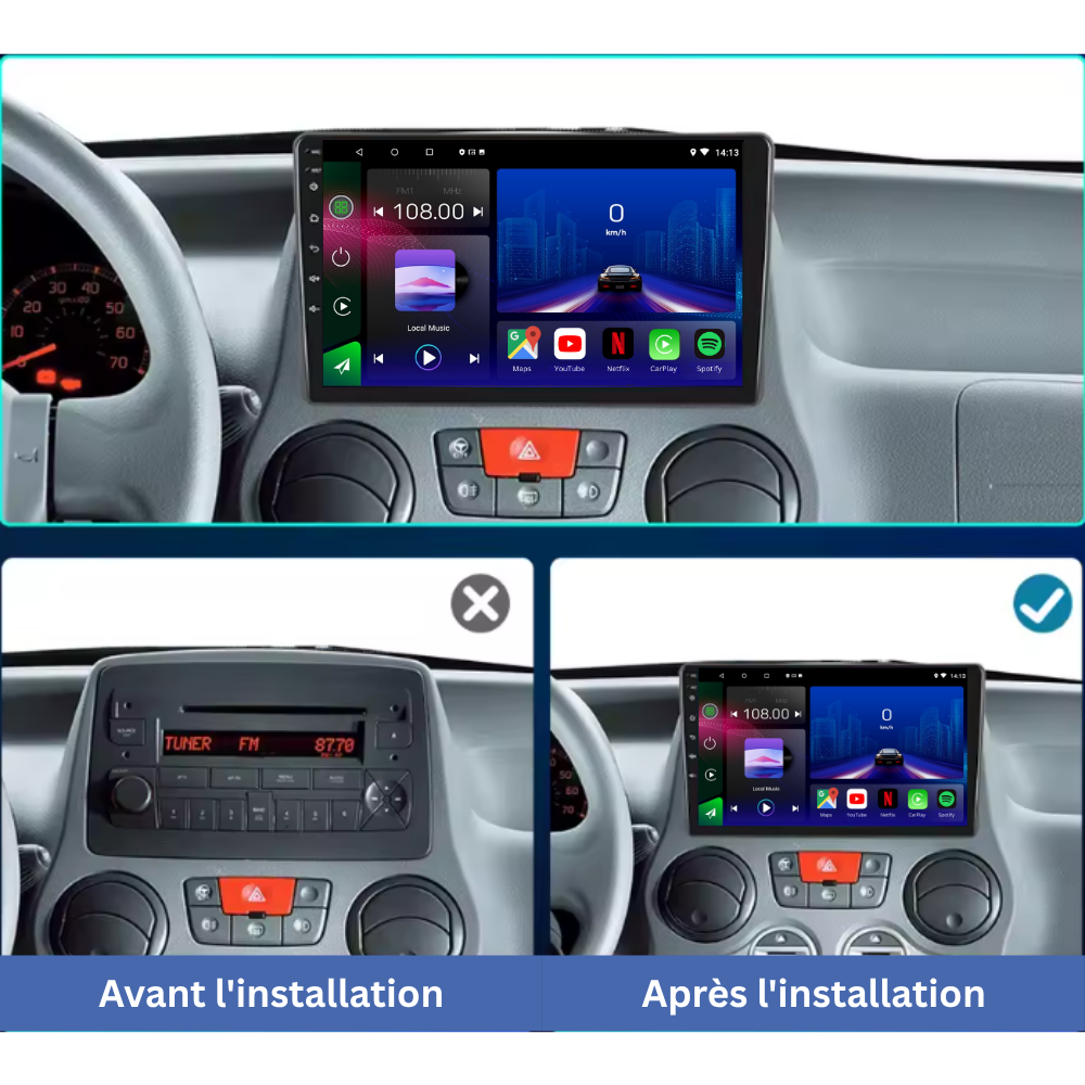 Autoradio Movyro Android 15 pour Fiat Panda 2003-2012 avec Apple CarPlay et Android Auto, écran tactile et fonctionnalités modernes.