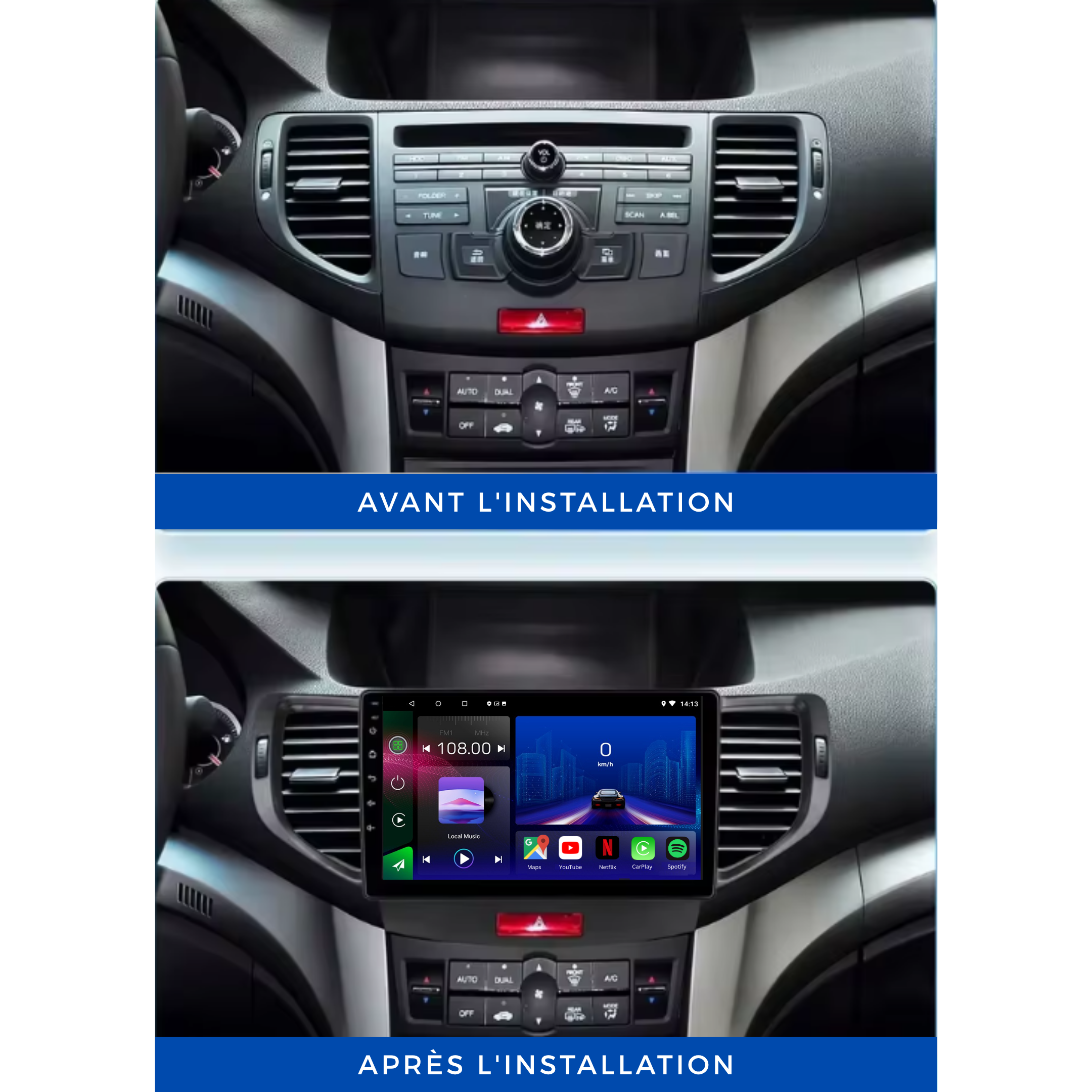Autoradio Movyro Android 15 pour Honda Accord 2008-2012, écran tactile, Apple CarPlay et Android Auto, navigation intégrée.