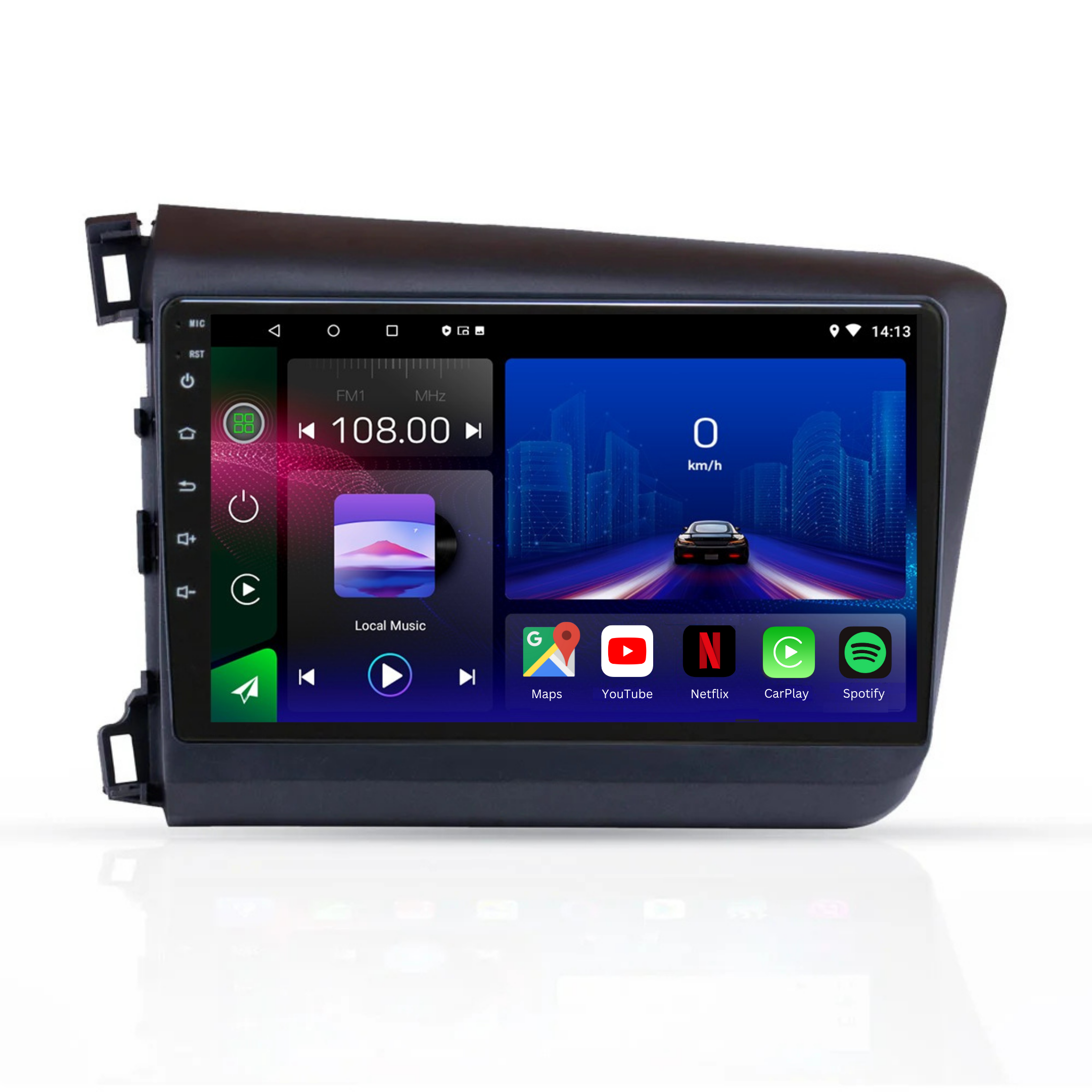 Movyro Honda Civic 2012-2016 Android 15 Autoradio with Apple CarPlay and Android Auto, touchscreen infotainment system.