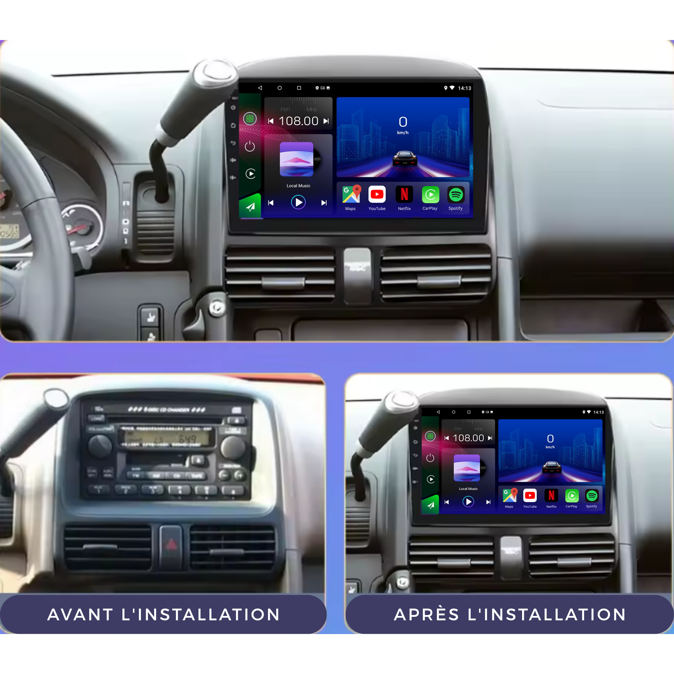 Autoradio Android 15 Movyro pour Honda CRV 2001-2006 avec Apple CarPlay et Android Auto, écran tactile et fonctionnalités connectées.