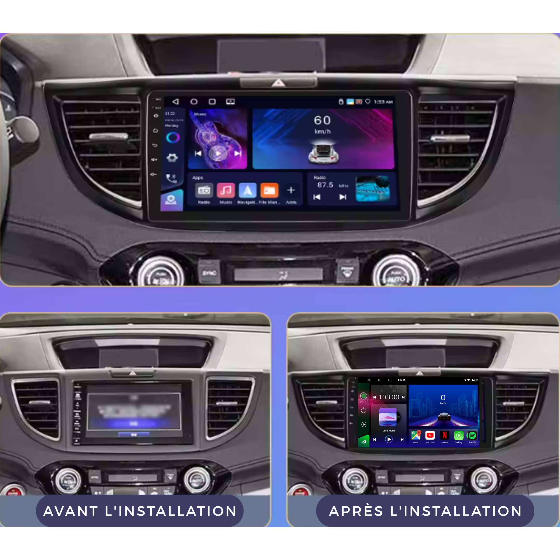 Autoradio Movyro pour Honda CRV 2012-2016 avec Android 15, Apple CarPlay et Android Auto, écran tactile et connectivité avancée.