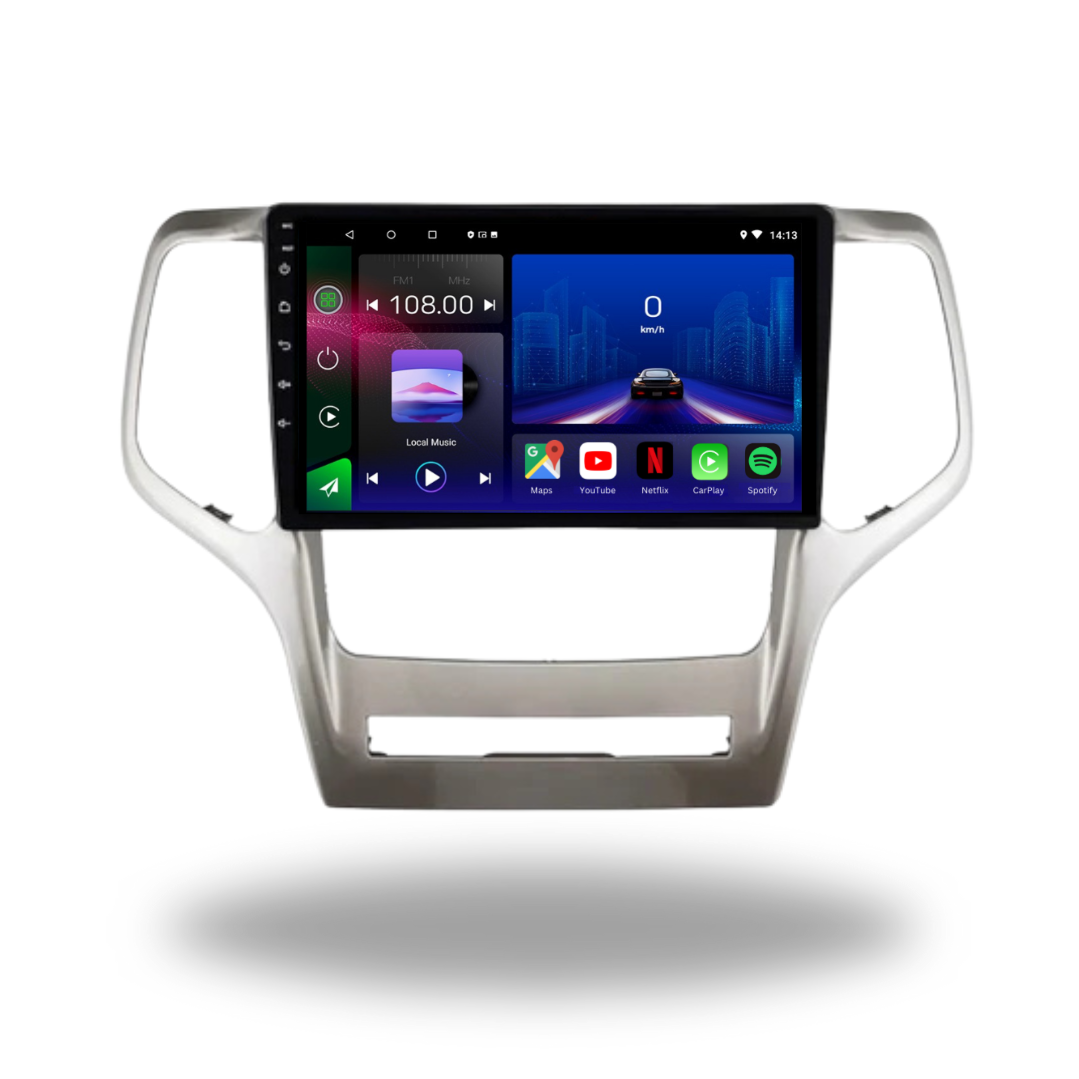 Movyro Android 15 Autoradio for Jeep Grand Cherokee 2008-2013 with Apple CarPlay and Android Auto, touchscreen display.