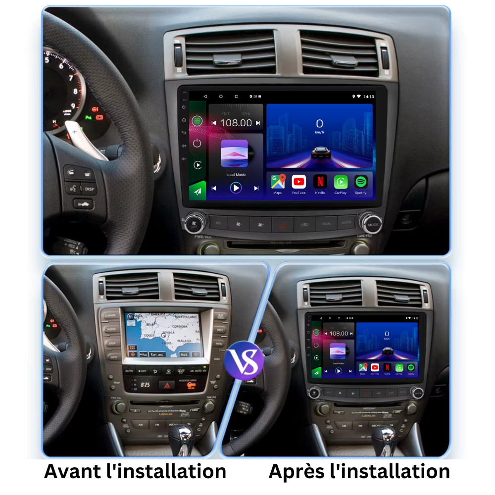 Autoradio Movyro Android 15 pour Lexus IS 250, 2006-2012, avec Apple CarPlay et Android Auto, écran tactile moderne.