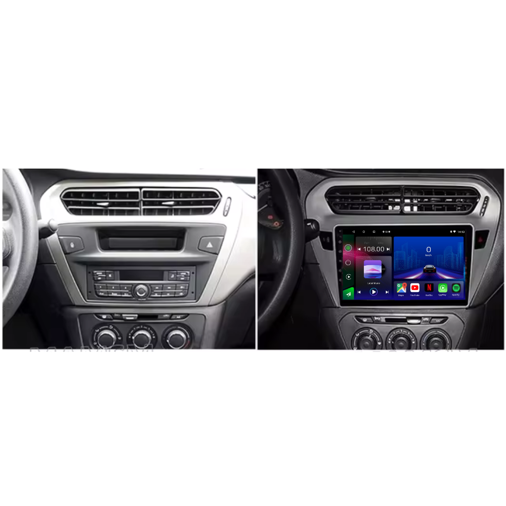 Movyro Android 15 autoradio for Citroen C-Elysee and Peugeot 301 2014-2018 with Apple CarPlay and Android Auto, black.