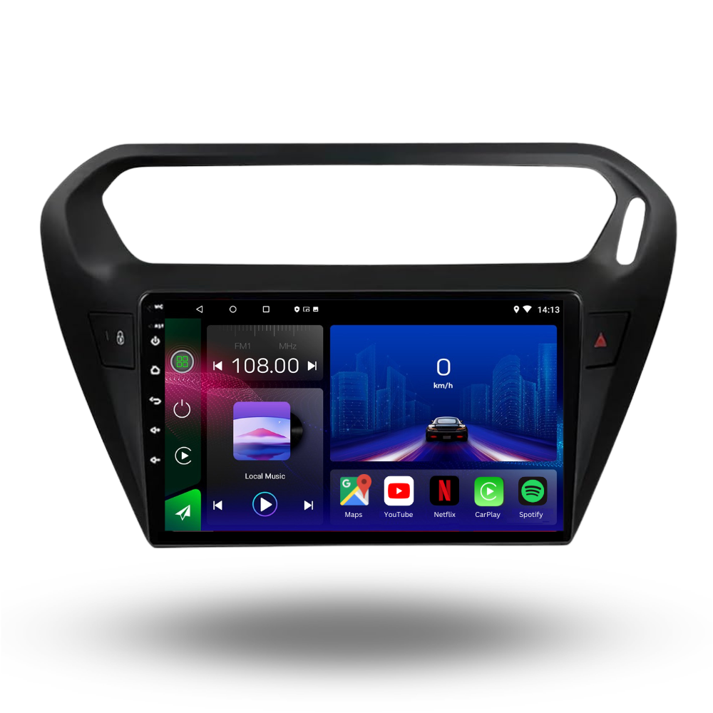 Movyro Android 15 Autoradio for Citroen C-Elysee and Peugeot 301 2014-2018 with Apple CarPlay and Android Auto, black color.
