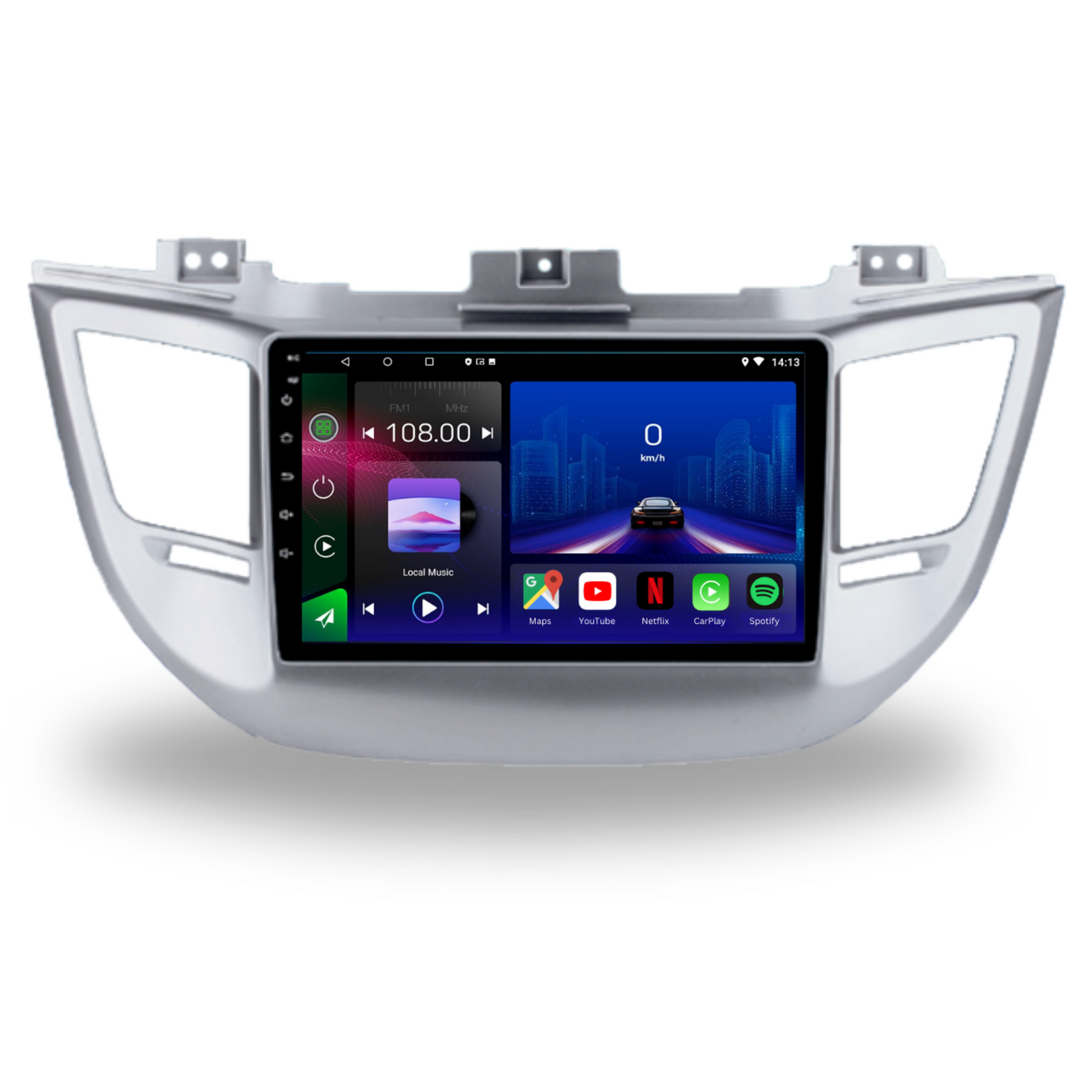 Autoradio Movyro Hyundai Tucson iX35 2015-2018 avec Android 15, Apple CarPlay et Android Auto, écran noir 4 cœurs, 2GB RAM.