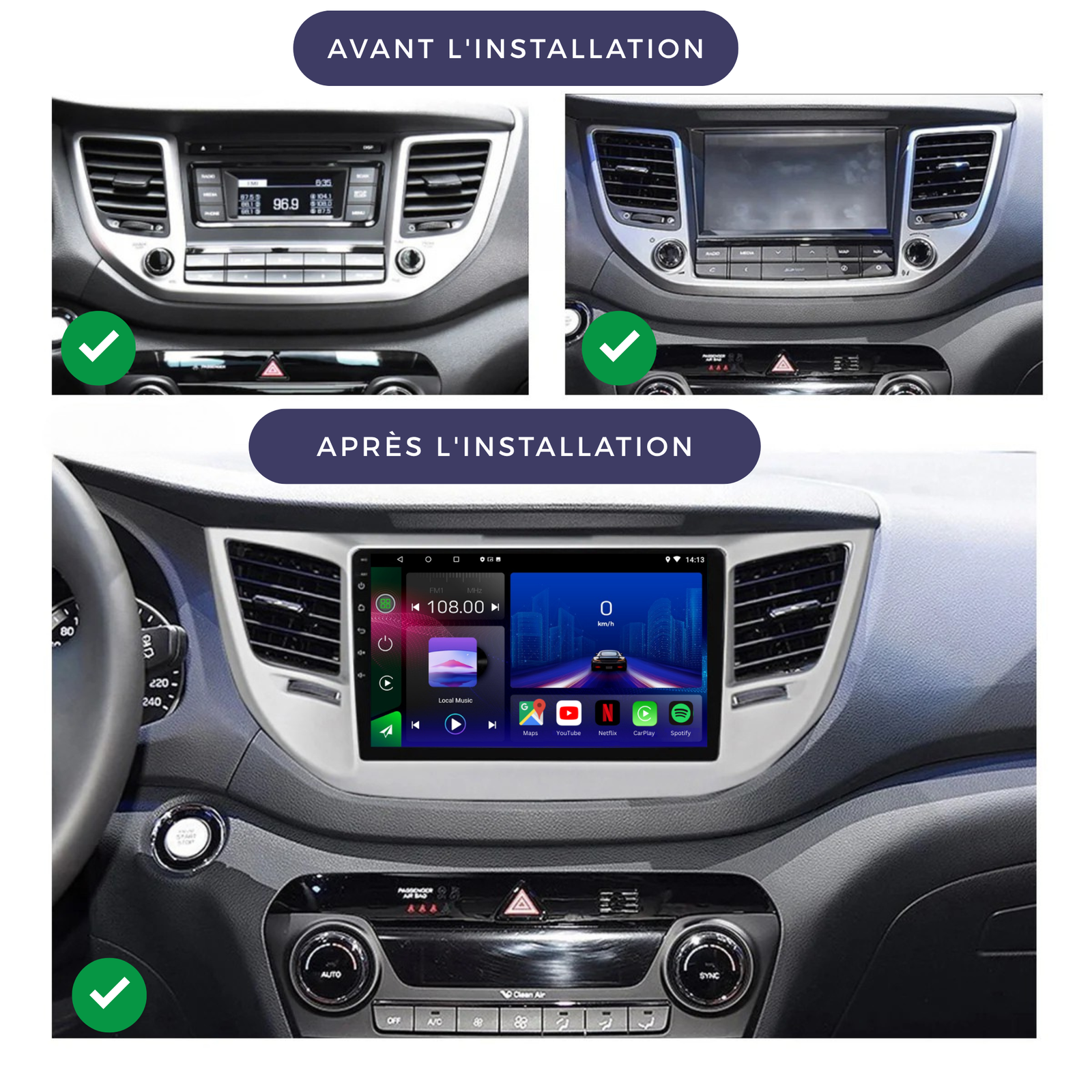 Autoradio Hyundai Tucson iX35 2015-2018 Movyro Android 15 avec Apple CarPlay et Android Auto, écran noir, technologie moderne.