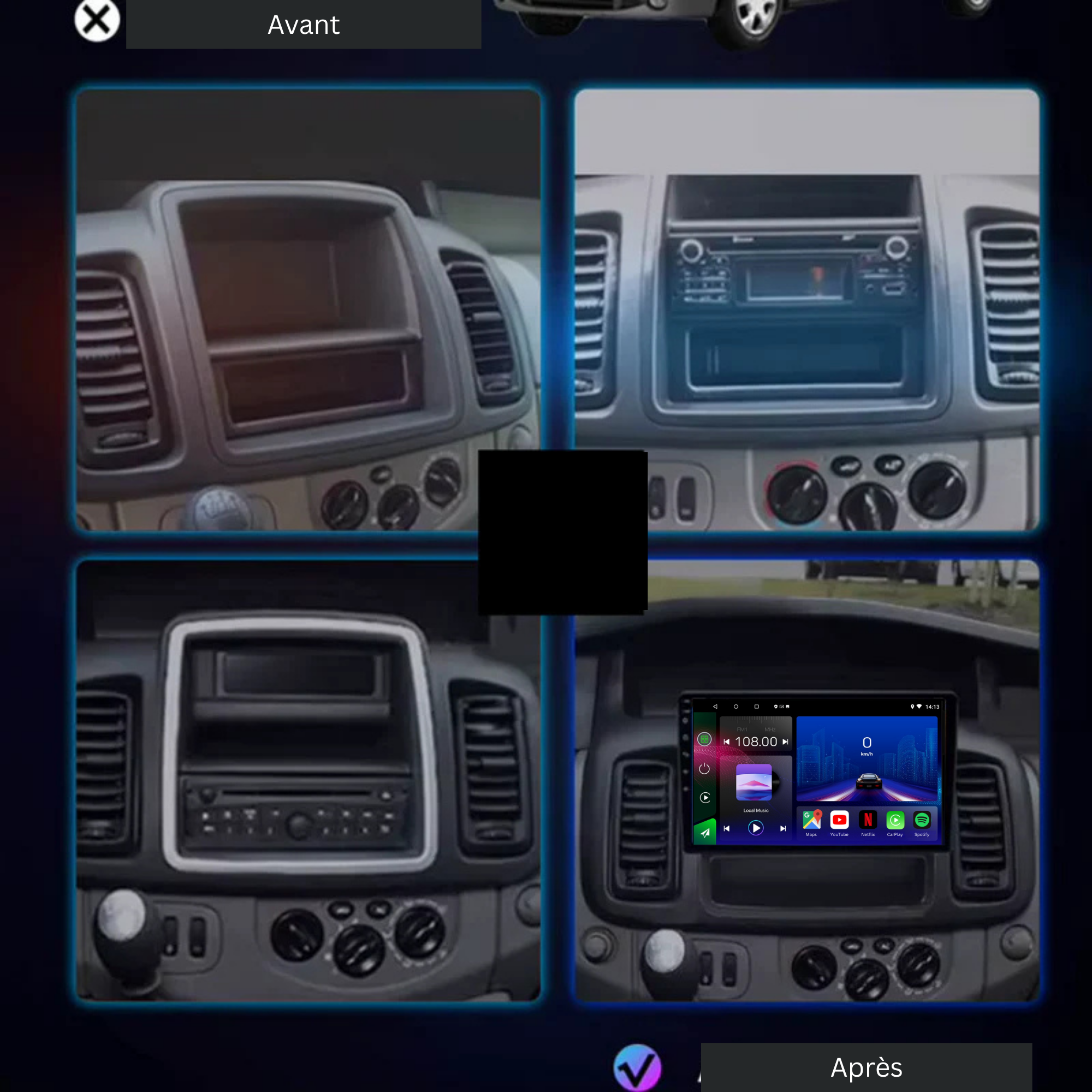 Movyro Android 15 autoradio for Opel Vivaro, Renault Traffic, Nissan Primastar 2010-2014 with Apple CarPlay and Android Auto.