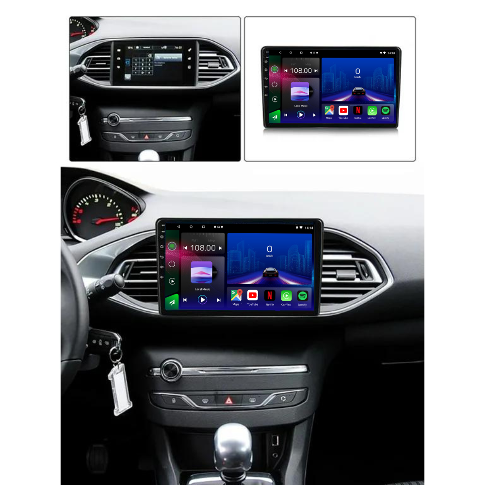 Autoradio Movyro pour Peugeot 308, 308 SW, 308 T9 2013-2020, Android 15, Apple CarPlay, Android Auto, écran tactile.