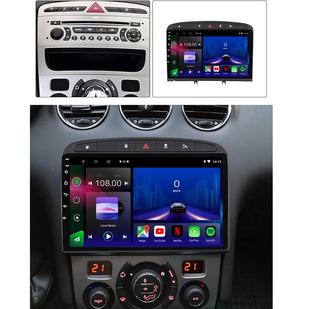 Autoradio Movyro pour Peugeot 308SW 408 2007-2013 avec Android 15, Apple CarPlay et Android Auto, écran tactile modernisé